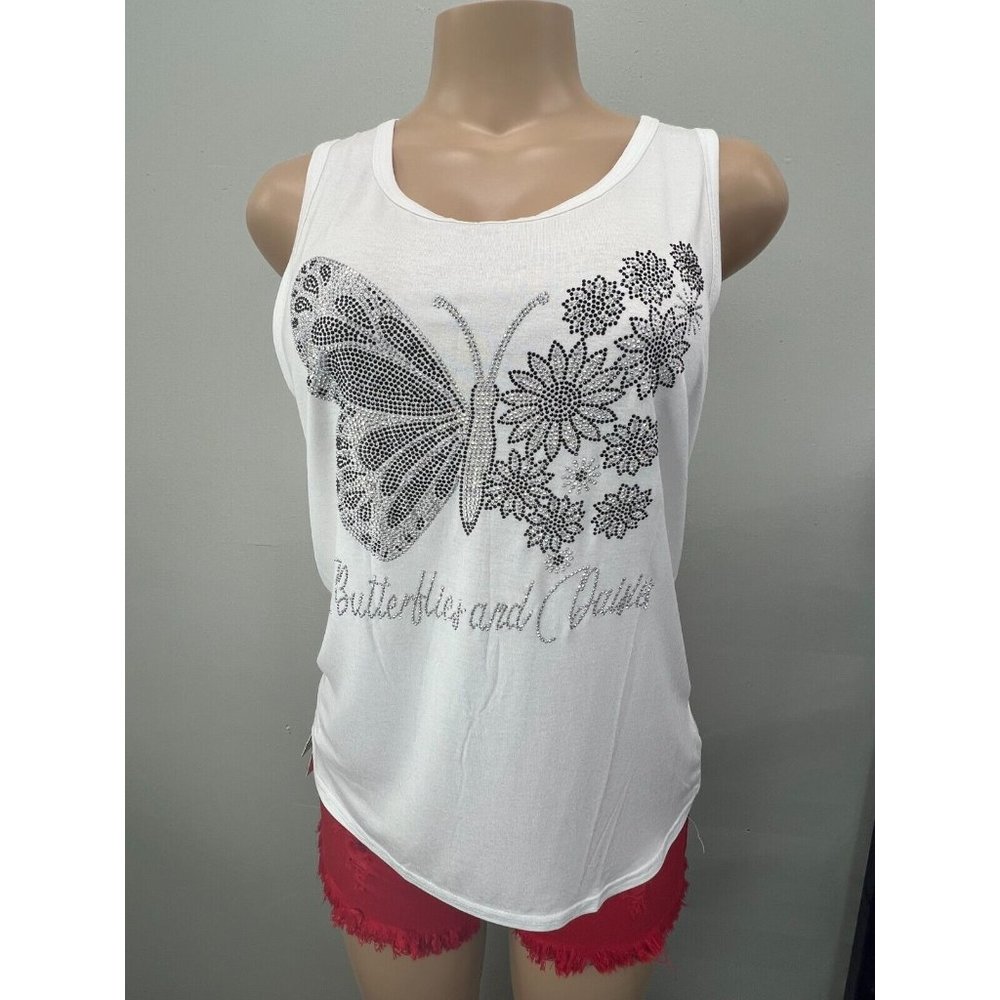 WOMEN Tank Top Shirt Sleeveless Yoga Top Rhinestone White L/XL